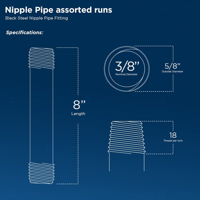SUPPLYGIANT Everflow Supplies NPBL3880-5 Black Nipple Pipe, 3/8" x 8", - Image 2